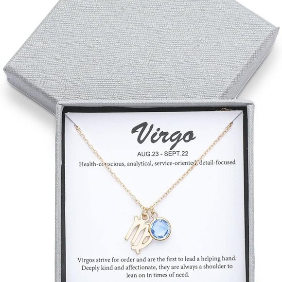 14k Gold Plated Zodiac Birthstone Crystal Pendant Necklace, Horoscope Sign Charm - Picture 7 of 7
